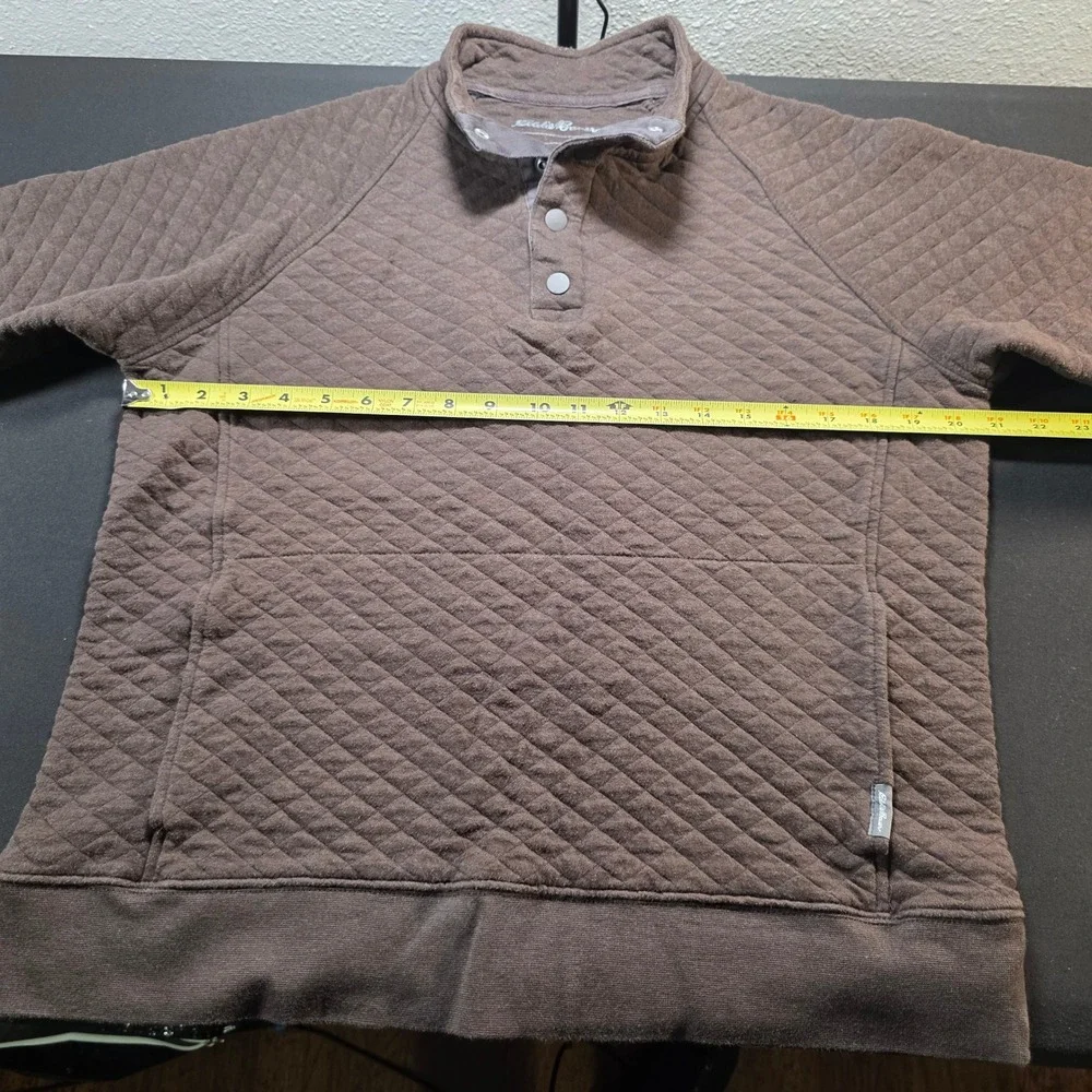 Eddie Bauer Men SZ M Brown Quilted Snap Neck Pullover Sweatshirt Kangaroo Pocket